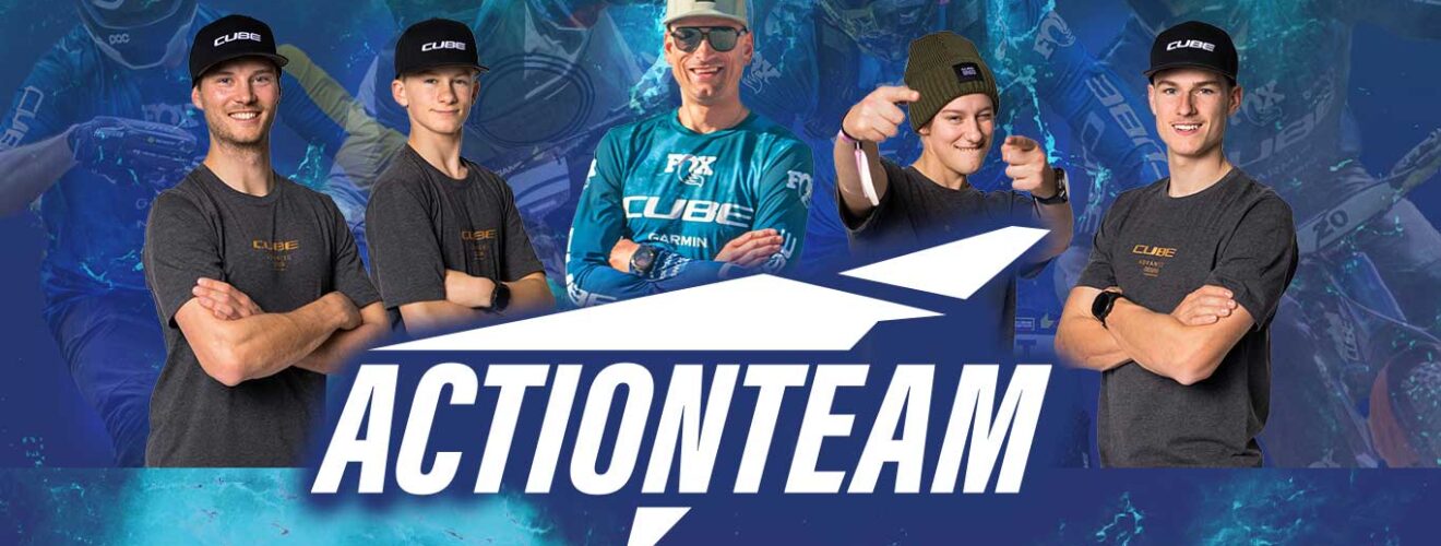 Cube Actionteam 2025 mit Simona Kuchyňková, Zakarias Johansen, Frederik Matz und Gusti Wildhaber vor dem Start der UCI Enduro World Cup