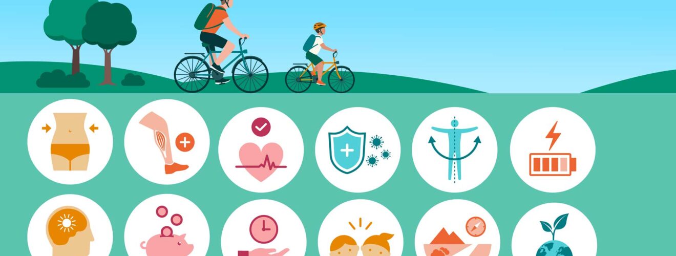 Grafik mit den gesundheitlichen Vorteilen des Fahrradfahrens, darunter Gewichtsabnahme, Muskelstärkung, Stressabbau, und Stärkung des Immunsystems. Im Vordergrund fahren ein Mann und ein Kind Fahrrad.