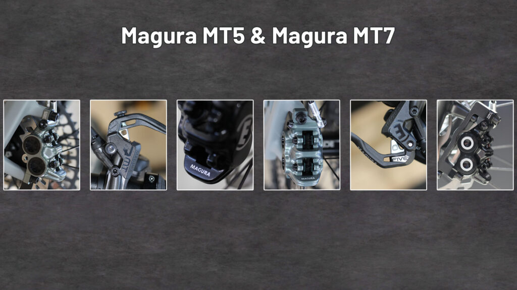 Zu sehen ist eine Bildcollage mit dem Titel "Magura MT5 & Magura MT7". Abgebildet sind Magura MT5 und Magura MT7 Bremsen aus verschiedenen Blickwinkeln.
