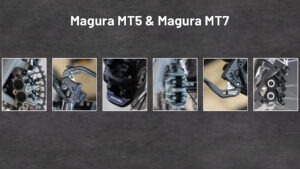 Zu sehen sind Magura MT5 und MT7 Bremsen in einer Bildcollage. Der Titel des Bildes ist "Magura MT5 & Magura MT7".