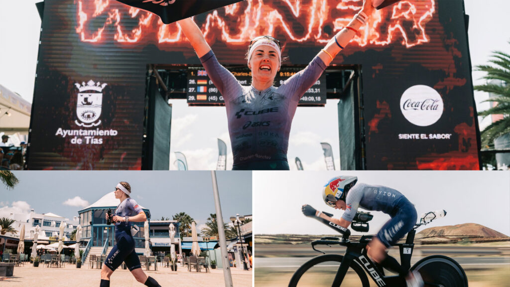 Lucy Charles-Barclay jubelt mit erhobenen Armen im Ziel des Ironman Lanzarote, darunter ein Bild beim Joggen und eines beim Rennradfahren während des Wettkampfs Lucy Charles-Barclay jubelt mit erhobenen Armen im Ziel des Ironman Lanzarote, darunter ein Bild beim Joggen und eines beim Rennradfahren während des Wettkampfs
