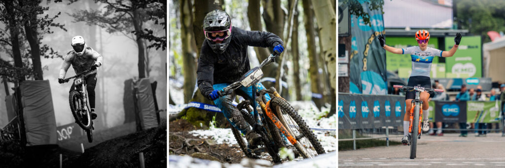 Drei Mountainbiker beim Wettkampf in Aktion: Downhill, Enduro und Cross-Country Drei Mountainbiker beim Wettkampf in Aktion: Downhill, Enduro und Cross-Country