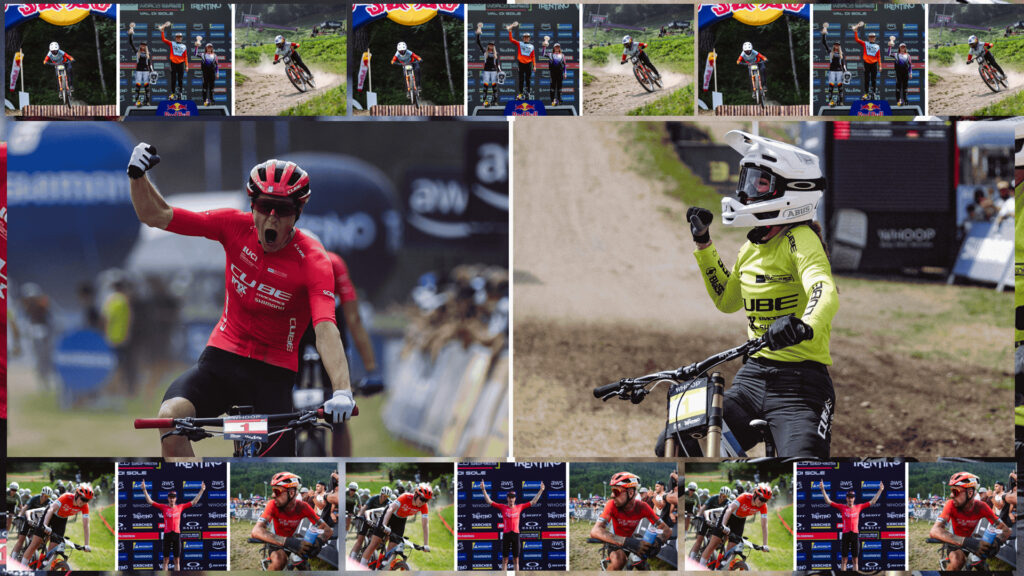 Bildcollage der CUBE Teams beim UCI MTB World Cup in Val di Sole – Rennen und Podium Bildcollage der CUBE Teams beim UCI MTB World Cup in Val di Sole – Rennen und Podium