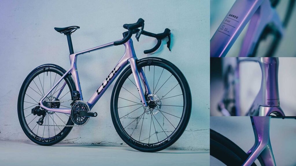 Cube Agree 2026 Rennrad mit Carbonrahmen, Gesamtansicht mit integrierten Detailbildern von Rahmen und Vorbau Cube Agree 2026 Rennrad mit Carbonrahmen, Gesamtansicht mit integrierten Detailbildern von Rahmen und Vorbau