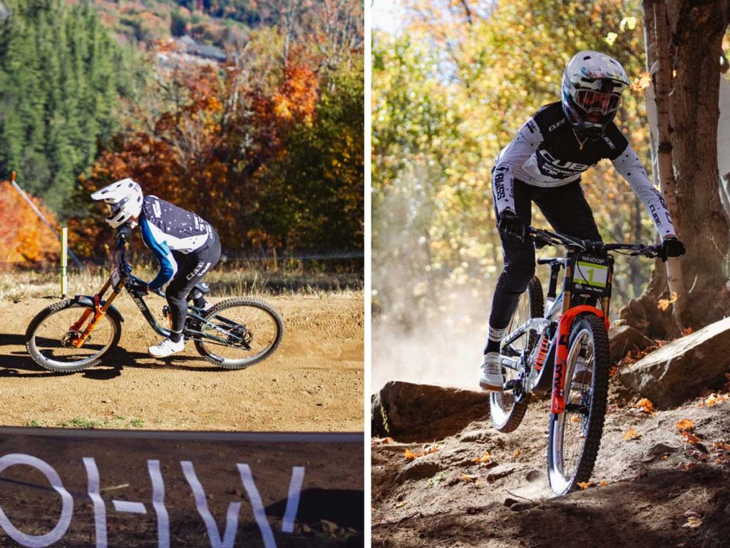 CUBE Factory Racing Fahrer mit Fullface-Helm auf dem Two15 und Teamkollegin beim Sprung mit dem Bike vor einem Baum im Hintergrund. CUBE Factory Racing Fahrer mit Fullface-Helm auf dem Two15 und Teamkollegin beim Sprung mit dem Bike vor einem Baum im Hintergrund.