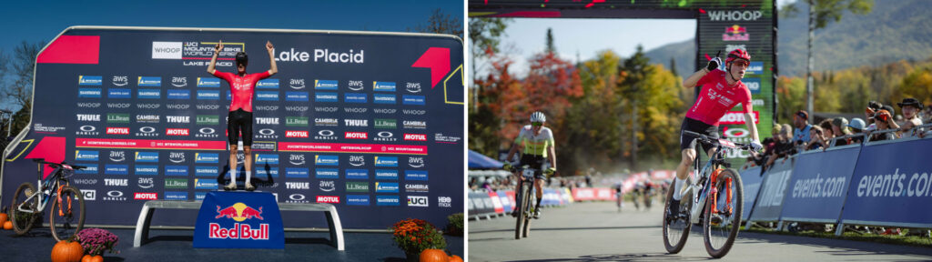 Finn Treudler feiert seinen Sieg auf dem Podium und beim Überqueren der Ziellinie mit seinem CUBE Bike. Finn Treudler feiert seinen Sieg auf dem Podium und beim Überqueren der Ziellinie mit seinem CUBE Bike.