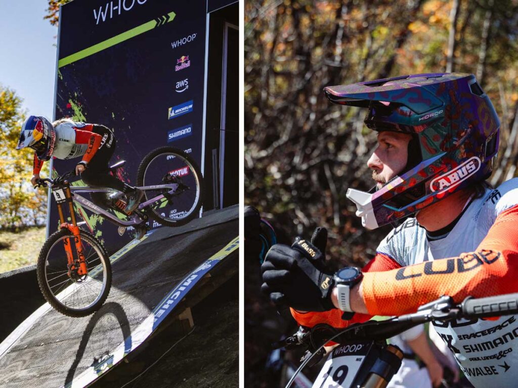 CUBE Factory Racing Fahrerin fährt mit dem CUBE Two15 eine Rampe hinunter, während ein Teamkollege mit ABUS Fullface-Helm fokussiert nach vorn blickt. CUBE Factory Racing Fahrerin fährt mit dem CUBE Two15 eine Rampe hinunter, während ein Teamkollege mit ABUS Fullface-Helm fokussiert nach vorn blickt.