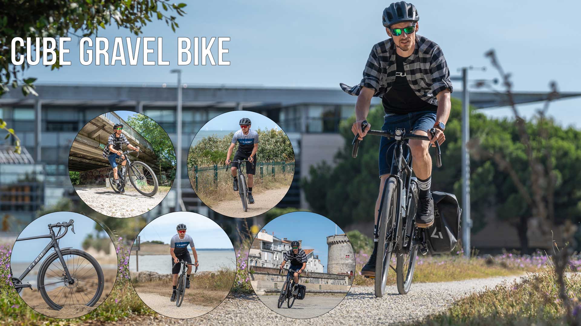 Zu sehen ist eine Bild Collage mit der Aufschrift Cube Gravel Bike. Darauf sind mehrere Abbildungen von Radfahrern auf einem Gravelbike.