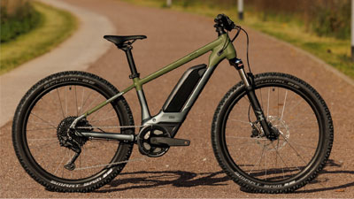 Zu sehen ist ein graues Cube Kinder E-Bike, mit grünen Details. Es steht auf einem geteereten Radweg.