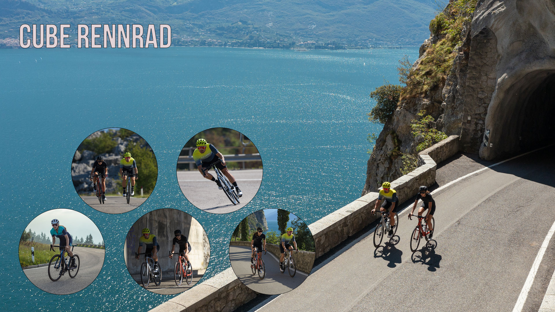 Zu sehen ist eine Bild Collage mit dem Titel Cube Rennrad. Darauf sind mehrere Rennradfahrer zu sehen.