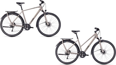 Zwei Cube Kathmandu Pro Fahrräder, eins mit Diamantrahmen und eins mit Trapezrahmen
