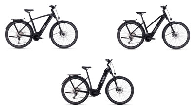 Zu sehen sind drei schwarze Cube Kathmandu Hybrid E-Bikes, jeweils mit einem Diamant-Rahmen, ein Trapez-Rahmen und ein Tiefeinsteiger-Rahmen.